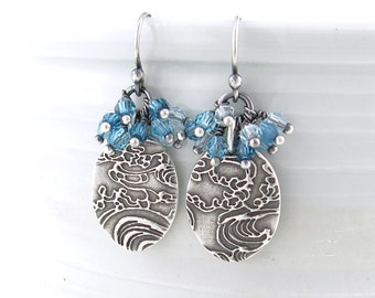 Teal Blue Earrings Dangle Silver Earrings Cluster Earrings Drop Crystal Simple Handmade Sterling Silver Jewelry Gift for Her - Lily