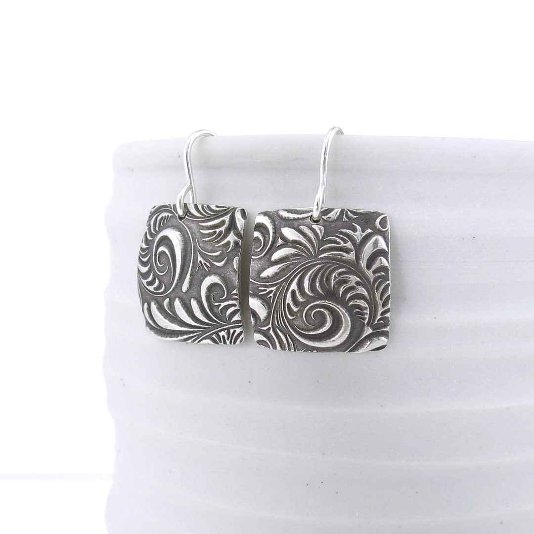 Textured Silver Square Earrings Unique Silver Earrings Dangle Earrings ...