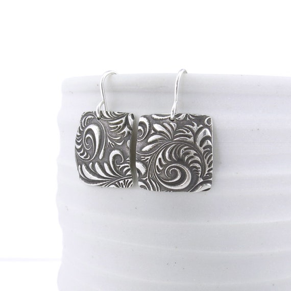 Textured Silver Square Earrings Unique Silver Earrings Dangle Earrings Boho Gift for Women Geometric Jewelry Under 50 - Unique Petites
