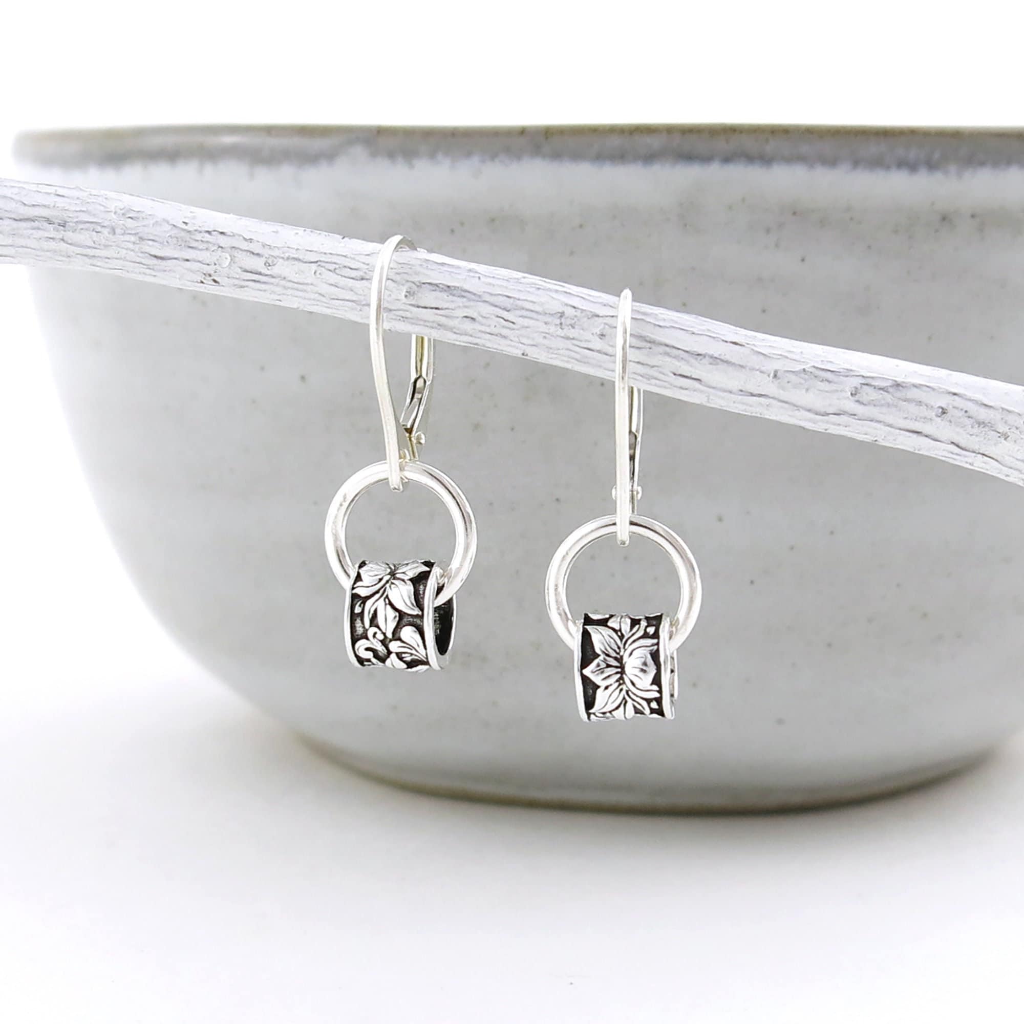 Tiny Sterling Silver Hoop Earrings Silver Lotus Earrings Tiny Circle Earrings Lever Back Earrings Silver Jewelry Gift for Her - Modern Edge