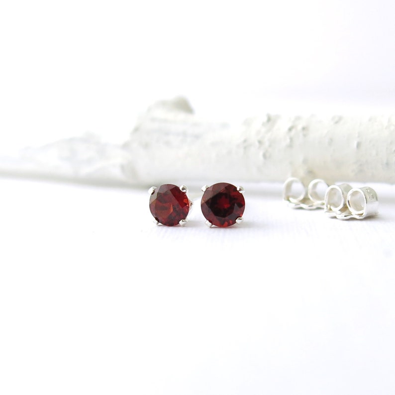 Garnet Stud Earrings Small Silver Earrings Garnet Earrings Gemstone Post Earrings Red Earrings January Birthstone Everyday Jewelry image 1