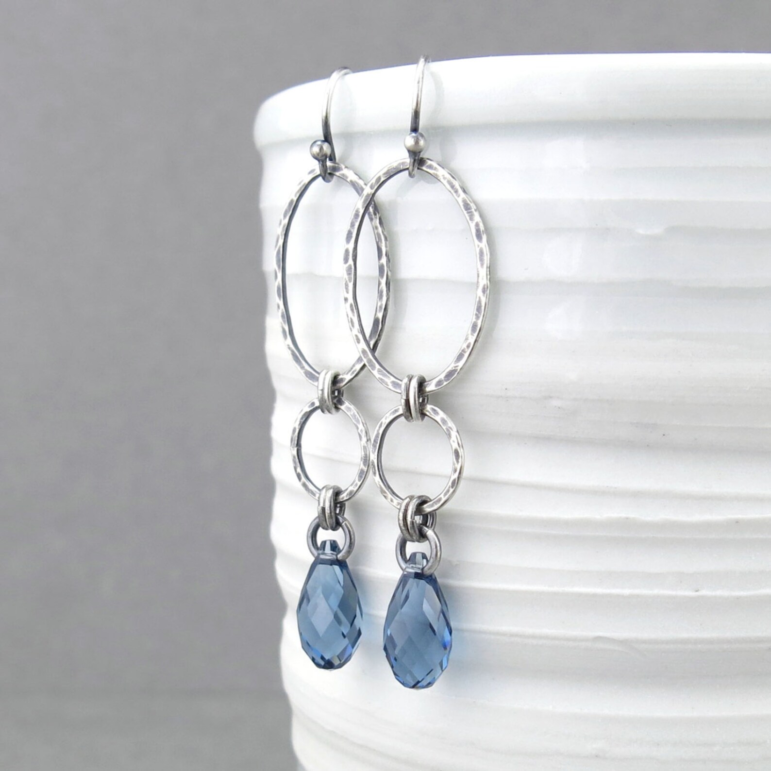 Long Dangle Earrings Silver Drop Earrings Blue Crystal - Etsy
