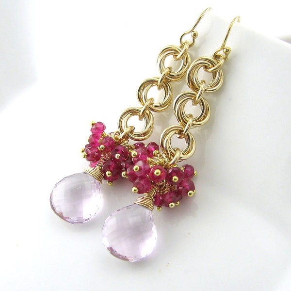 Gemstone Cluster Earrings Chainmail Flower Earrings Hot Pink Quartz Pink Amethyst No. 21 Handmade Fashion Jewelry