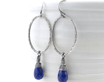 Lapis Earrings Dark Blue Earrings Silver Hoop Silver Earrings Dangle Blue Gemstone Earrings Long Silver Earrings Jewelry Gift - Erika