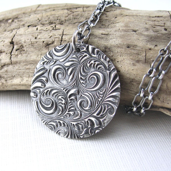 Silver Circle Necklace Double Sided Pendant Designer Handmade Fashion Jewelry - Statement Jewelry No. 1 Jennifer Casady