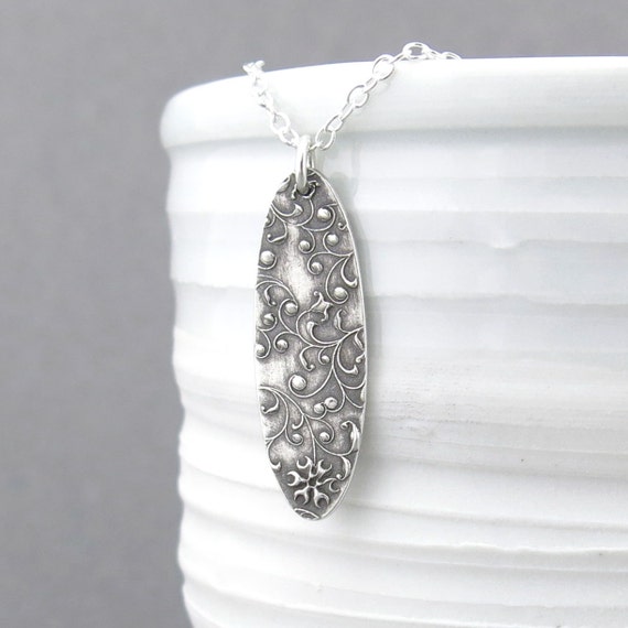 Silver Pendant Necklace Long Silver Necklace Floral Jewelry Etsy