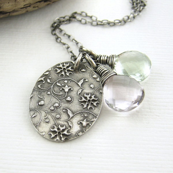 Spring Fashion Jewelry Charm Necklace Pink Amethyst Green Amethyst Handmade Jewelry Sterling Silver - Duets No. 82