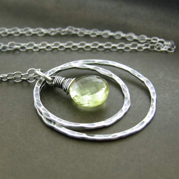 Lemon Quartz Necklace, Sterling Silver Circle Necklace, Sunshine Yellow Gemstone - Shimmer Layers