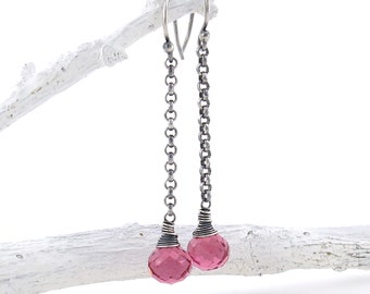 Hot Pink Earrings Long Silver Earrings Dangle Silver Earrings Silver Chain Earrings Silver Sterling Silver Drop Earrings - Chelsea