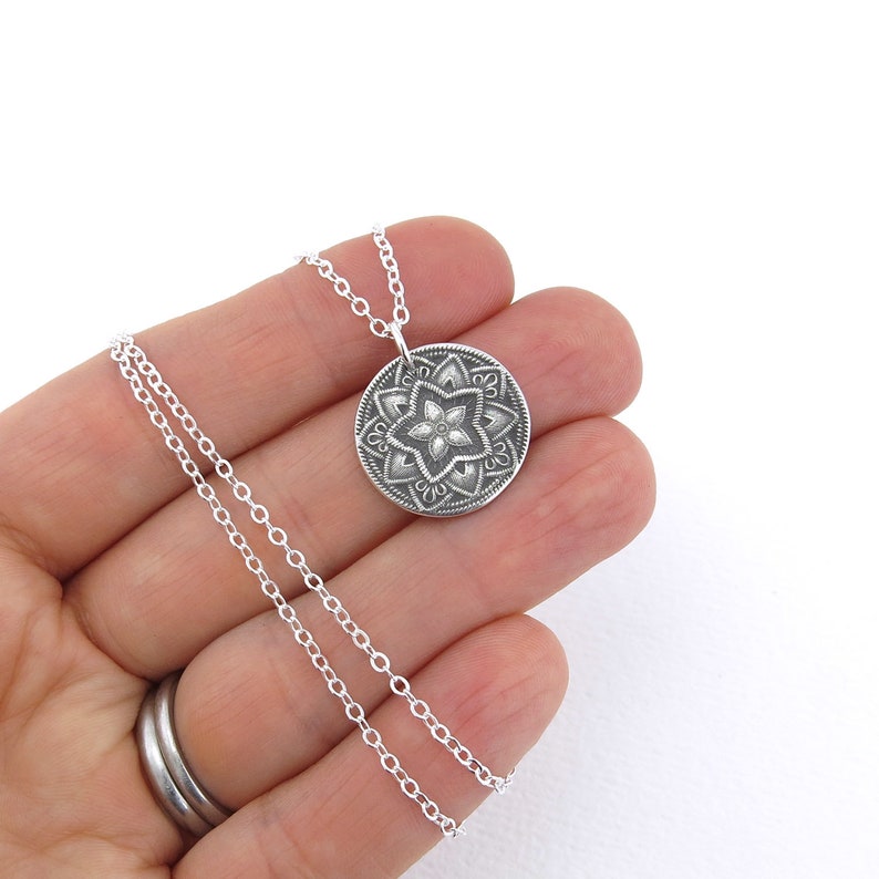 Sterling Silver Necklace Long Silver Necklace Silver Pendant Necklace Bohemian Jewelry Rustic Jewelry Layered Necklace Five Point Flower image 2