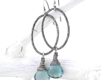 Aquamarine Quartz Earrings Silver Hoop Silver Earrings Dangle Blue Earrings Long Silver Earrings Handmade Jewelry Gift for Her - Erika