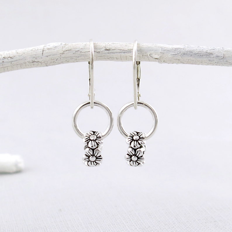 Dainty Silver Hoop Earrings Silver Earrings Tiny Wildflower Earrings Lever Back Earrings Floral Bead Earrings Minimalist Modern Edge image 6