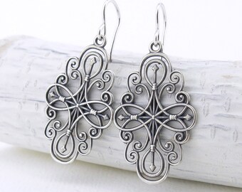 Long Silver Earrings Silver Filigree Earrings Compass Rose Jewelry Gift for Her Girlfriend Gift Sterling Silver Jewelry - Compass Rose