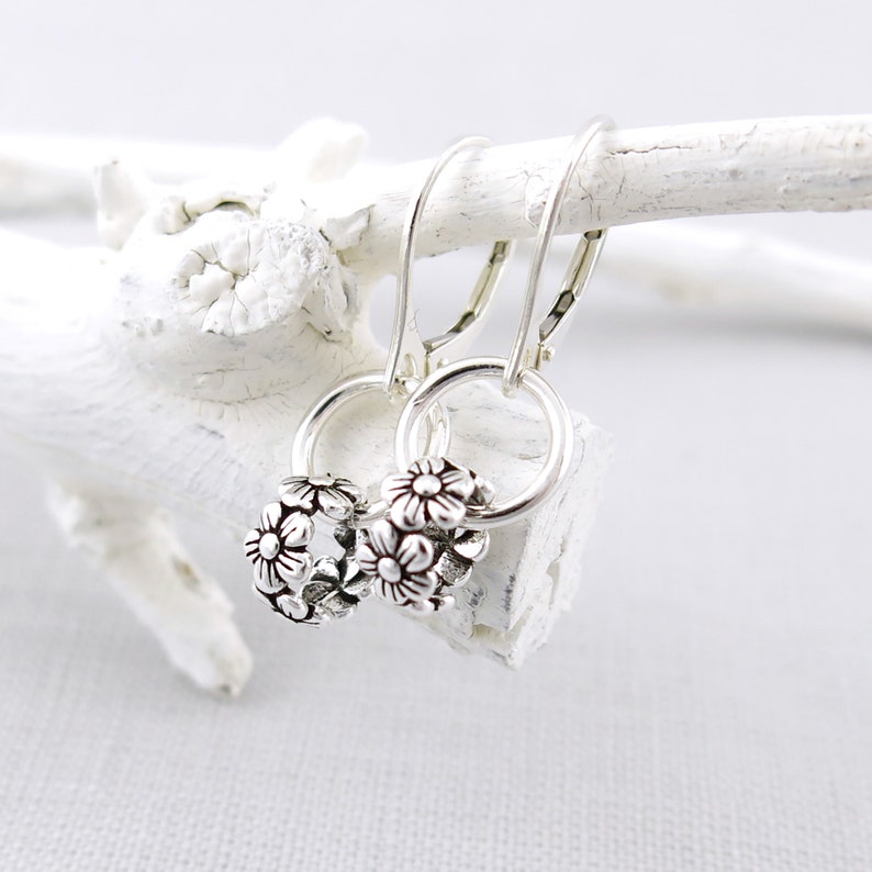 Dainty Silver Hoop Earrings Silver Earrings Tiny Wildflower Earrings Lever Back Earrings Floral Bead Earrings Minimalist Modern Edge image 5