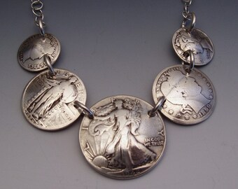 Silver Lady Coin Sampler Necklace made from 5 Vintage American Silver Liberty Coins