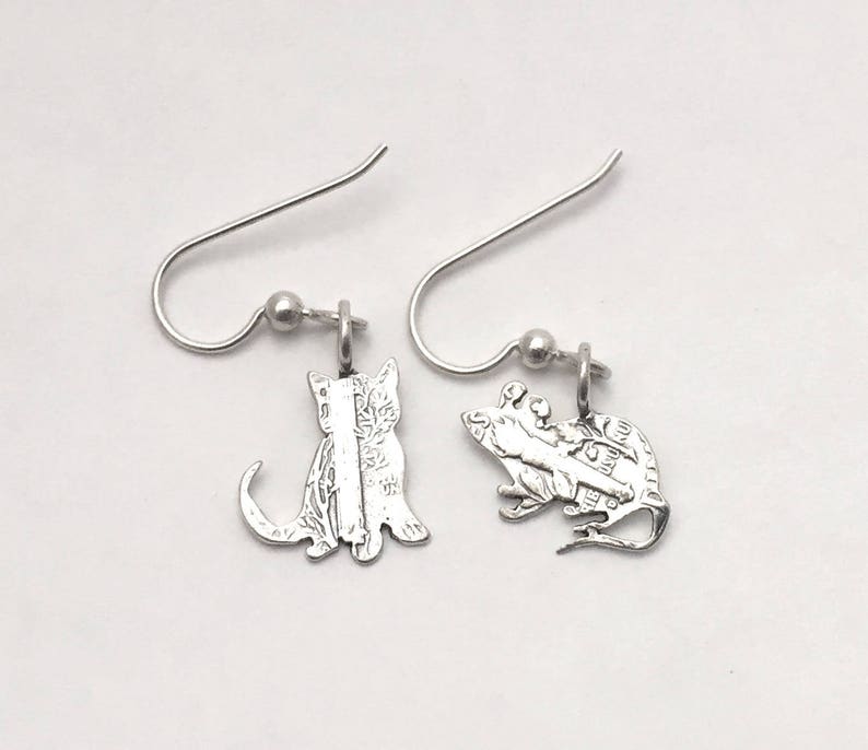 Kitten & Mouse Earrings Made From Vintage US Silver Dimes - Etsy