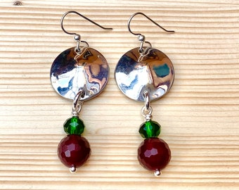 Christmas Earrings Made from Silver Vintage Quarters - Circles & Red, Green Crystal