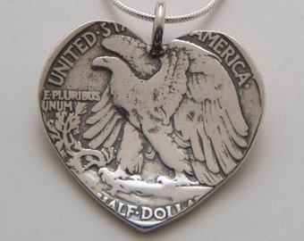 Recycled Coin Design Heart Pendant - Vintage US Silver Liberty Half Dollar Coin