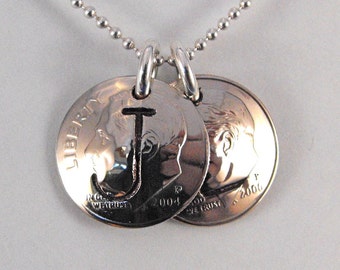 Mothers' Jewelry 2 Initial Charms Custom Birth Year Dime Pendants Necklace