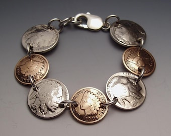 7 Indian Pennies Nickels Bracelet made from 7 Vintage American Coins