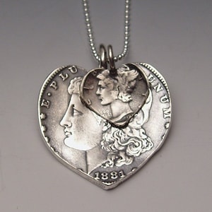 Silver Dollar Dime Hearts Necklace Mother Child 2 Vintage American Liberty Coins image 1