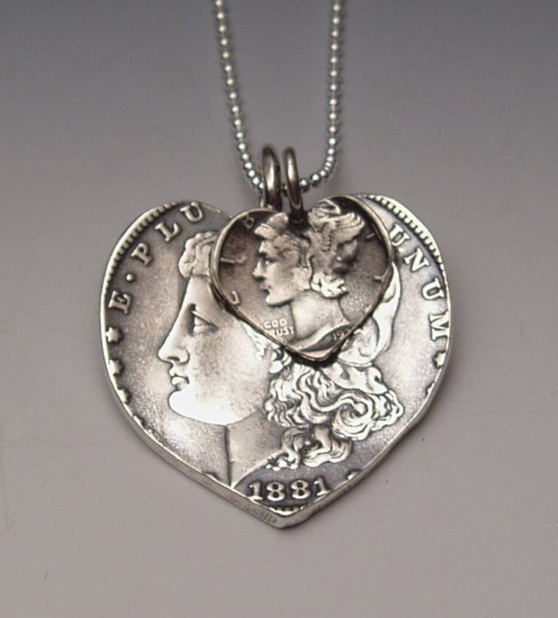 Silver Dollar Dime Hearts Necklace Mother Child 2 Vintage American Liberty Coins image 1