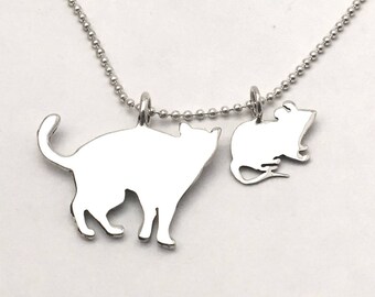 Cat & Mouse Pendants made from Vintage Silver US Half Dollar, Dime Coins