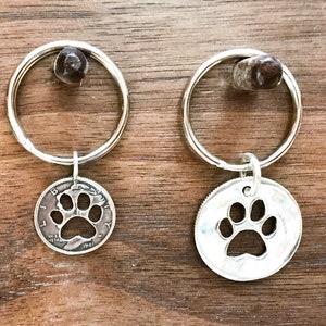 Paw Print Pendant, Earrings or Key Ring Made from Silver Vintage American Coin Dime or Quarter
