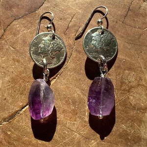 Vintage American Silver Mercury Dime Coin Earrings with Amethysts