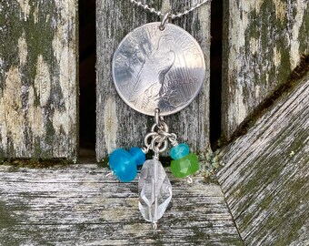 Vintage American Eagle Silver Peace Dollar Pendant with Natural Quartz, and Blue & Green Gem Art Glass 30”
