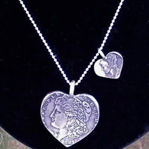 Silver Dollar Dime Hearts Necklace Mother Child 2 Vintage American Liberty Coins image 2