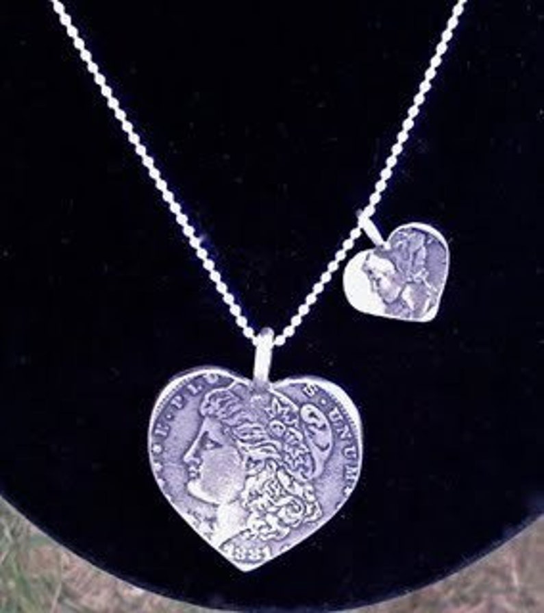 Silver Dollar Dime Hearts Necklace Mother Child 2 Vintage American Liberty Coins image 2