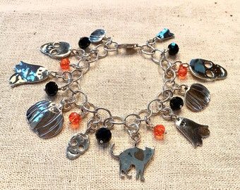 Spooky Halloween Deluxe Loaded Charm Bracelet Made from Silver Vintage American Dime, Quart and Half Dollar Coins & Orange, Black Crystal