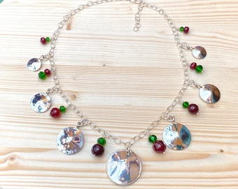 Christmas Deluxe Loaded Charm Necklace Made from Silver Vintage American Dime, Quarter and Half and Dollar Coin Circles & Red, Green Crystal