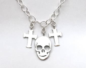 Coin Necklace Skull Cross Pendants made from 3 Vintage American Silver Coins Quarters Dollar