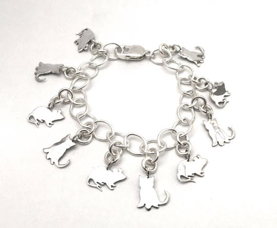 Bracelet Breloques Vintage Chat Et Souris - Argent Sterling 925, Occasion Bon état