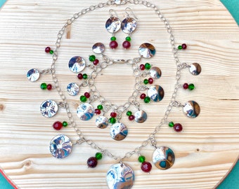 Christmas Deluxe Set - Charm Necklace, Bracelet and Earrings, Made from Silver Vintage American Coin Circles & Red, Green Crystal