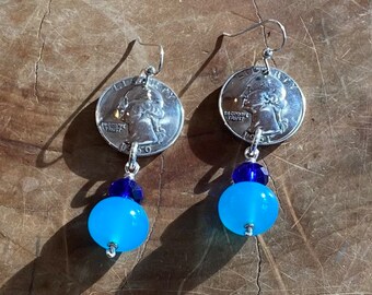 Vintage American Silver Quarter Coin Earrings with Blue Gem Art Glass and Sapphire/Cobalt Blue Crystal Glass