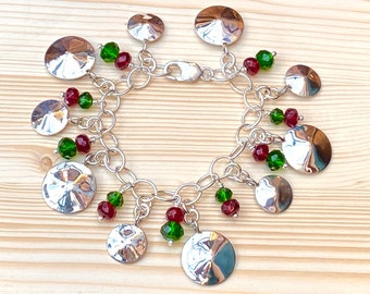 Christmas Deluxe Loaded Charm Bracelet Made from Silver Vintage American Dime, Quarter and Half Dollar Coin Circles & Red, Green Crystal