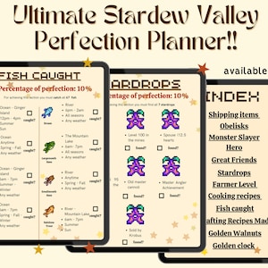 May include: A printable checklist for Stardew Valley players to track their progress in the game. The checklist includes sections for fish caught, stardrops, cooking recipes, and more. The checklist is available in PDF format.