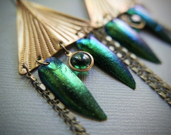 The Hidden Realm // long triangle earrings with beetle wings and glowing green orbs