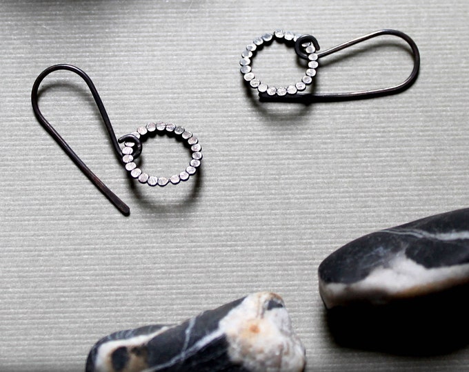 Pebbles // small beaded circle earrings in oxidized sterling silver