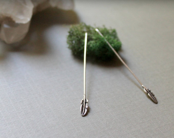 Wee Feathers // tiny sterling silver feather drop earrings - so cute!