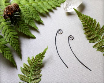 May include: A pair of silver earrings with a delicate spiral design. The earrings are displayed on a white surface with green fern leaves.
