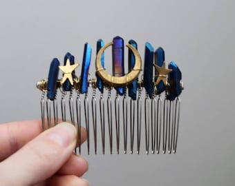 Moon Gazing // blue crystal and crescent moon hair comb