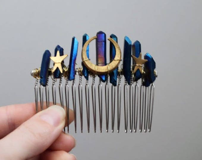 Moon Gazing // blue crystal and crescent moon hair comb