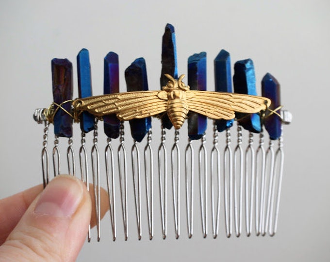 Into the Night // brass moth and blue crystal hair comb