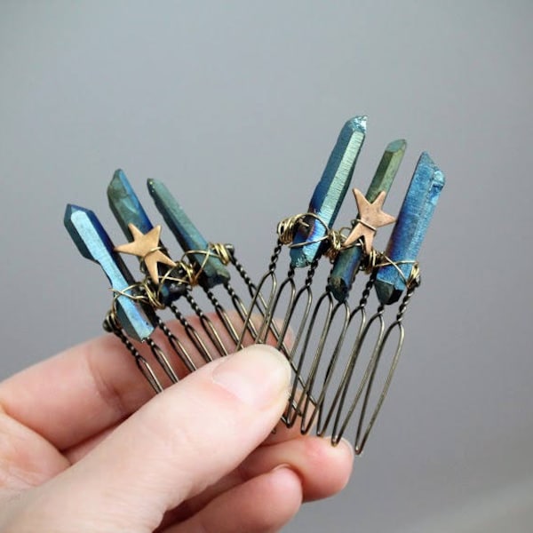 Star Catcher // brass star and blue crystal hair comb - you can choose a single one or a pair!