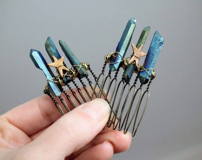 Star Catcher // brass star and blue crystal hair comb - you can choose a single one or a pair!