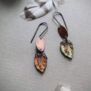Falling // iridescent glass leaf earrings with copper ovals